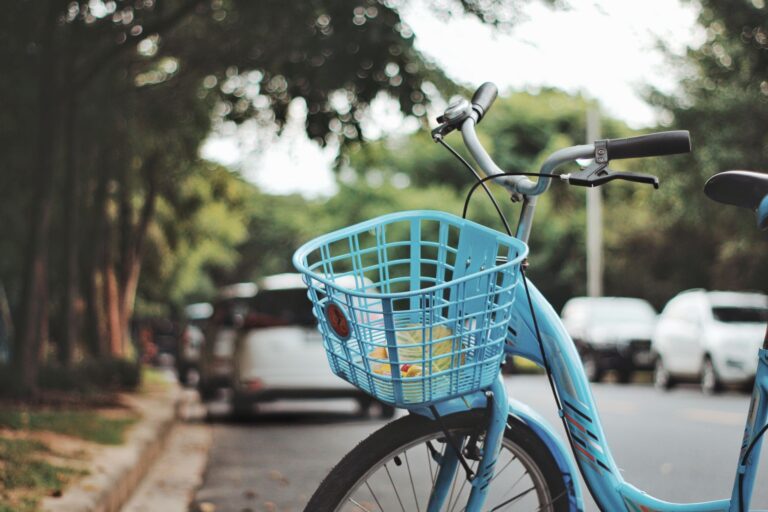 A blue bicycle with a basket parked on a leafy city street during the day.