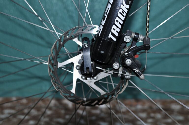 Detailed view of a bicycle disc brake system showing the rotor and caliper mechanism.