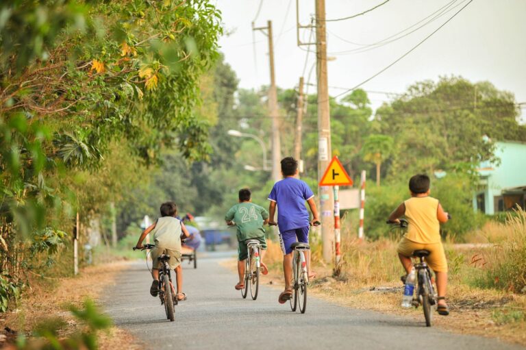 Back view of anonymous kids in casual clothes riding bicycles on asphalt road with sign among green trees in summer day in countryside