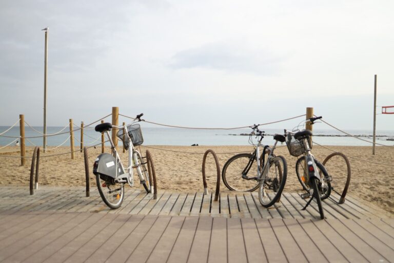 Bicycles parked on a boardwalk overlooking a serene sandy beach under overcast skies.