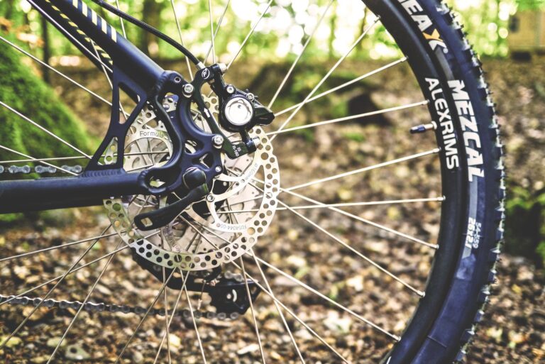 Detailed shot of a mountain bike's disc brake and wheel in a forest setting.