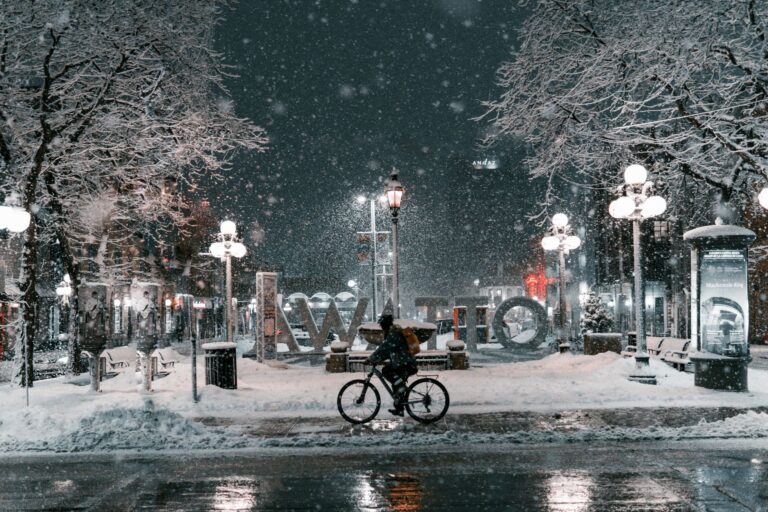 A cyclist rides through a snowy street in Ottawa at night, surrounded by illuminated trees.