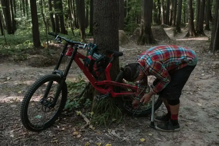 A man fixes a bicycle in a forest during summer, capturing outdoor adventure.